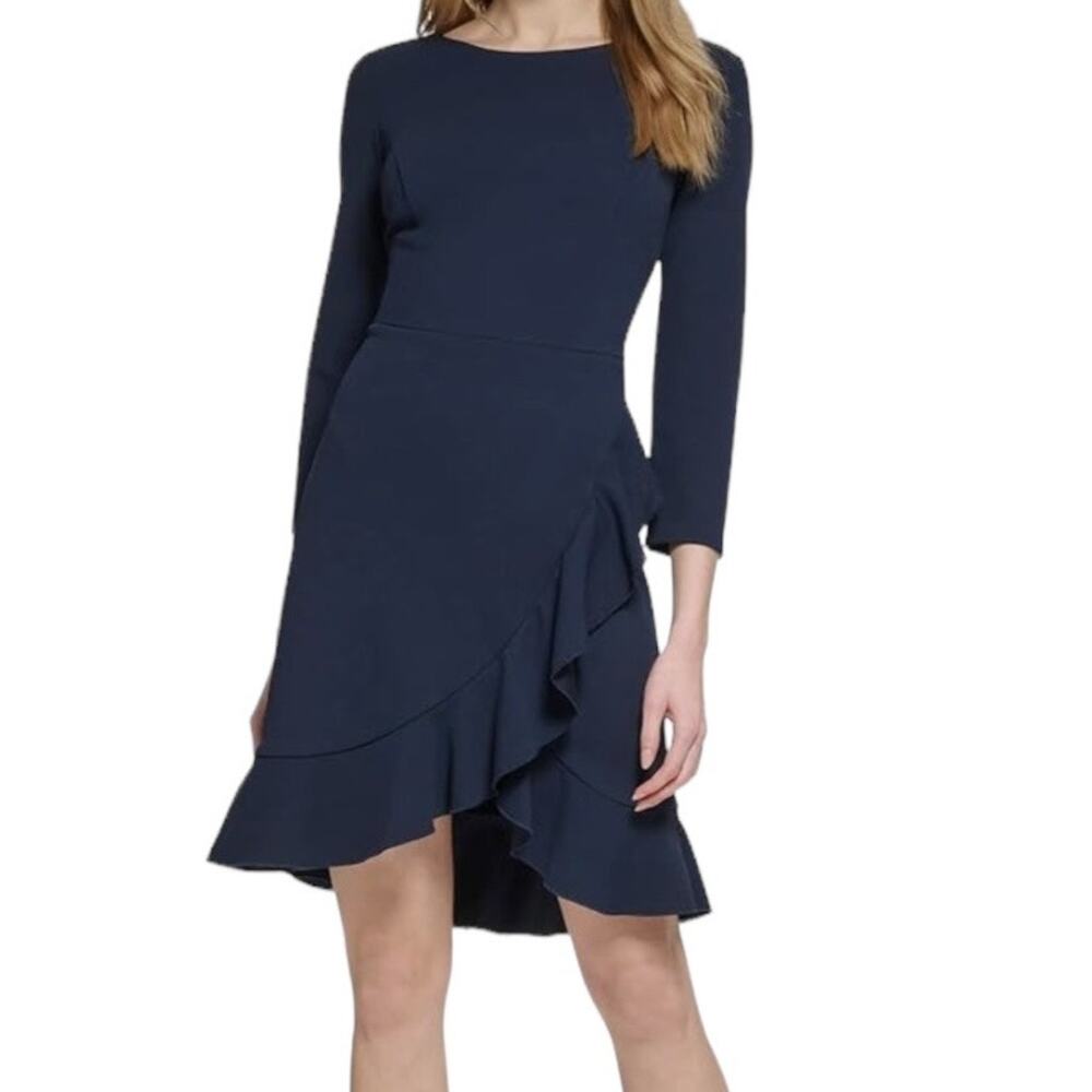 Tommy Hilfiger dress ruffle trim 3/4 sleeve navy blue size 4